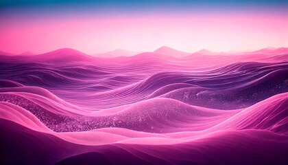 Flowing abstract waves in shades of pink, purple, and blue create a surreal landscape. The design features undulating, semi-transparent layers with fine, swirling lines