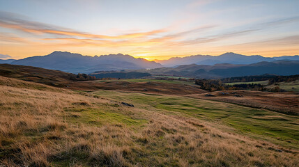 Golden Sunset Over Rolling Green Hills and Grassy Meadow Landscape with Soft Light and Scenic View