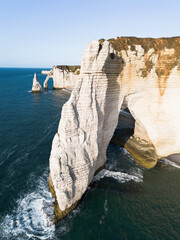 Etretat cliffs in Normandy, France, aerial view, vertical shot
