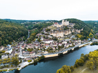 Aerial view of Beynac-et-Cazenac by Dordogne river in France
