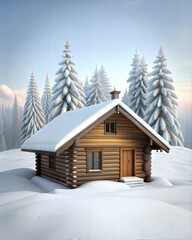 Cozy wooden cabin nestled in a snowy landscape, surrounded by frosted evergreen trees under a serene winter sky.