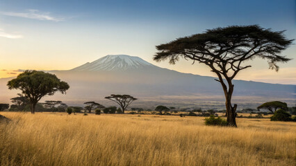 Fototapeta premium Twilight over the Kenyan savanna, where golden plains meet Mount Kilimanjaro’s silhouette beneath a soft, fading sky, capturing the region’s tranquil majesty.