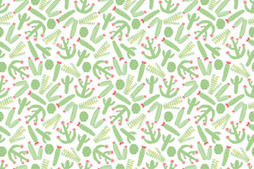 Seamless botanical pattern on white background. Cacti and succulents of various types, flowering cacti. Green plants and red flowers. Plants of desert and plains. For wallpaper, packaging, textiles.