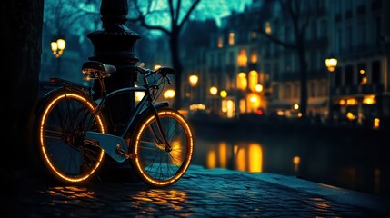 Night city canal scene with glowing bicycle.