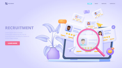 Recruitment and hiring platform. Job search and employment service. HR agency for talent acquisition. Workforce selection and candidate management. Vector 3d design concept for landing page. Three dim