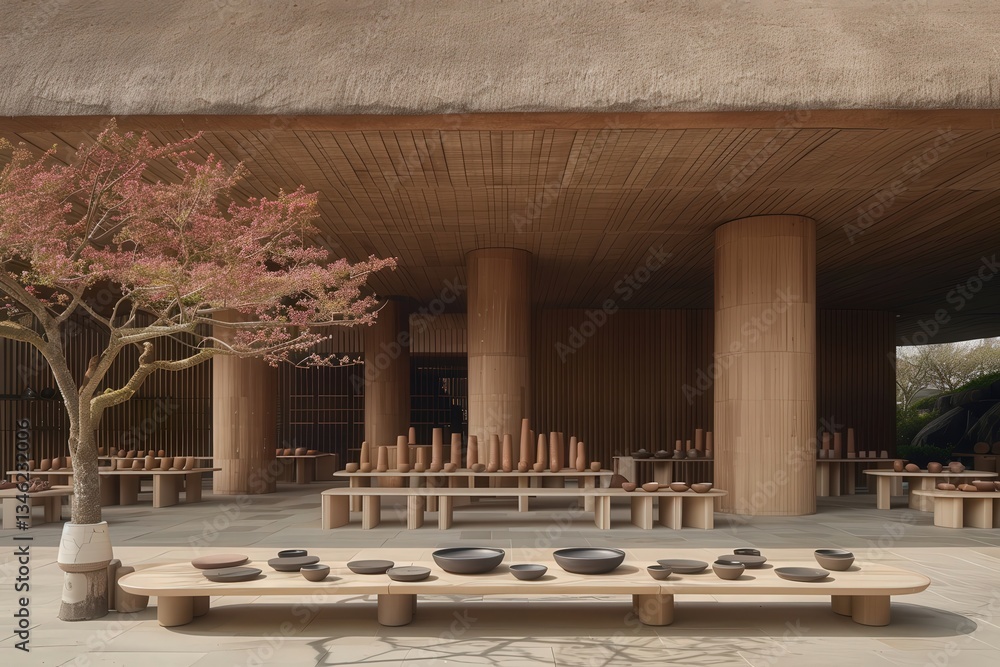 Poster a large room with a tree in the background and a table with many bowls on it