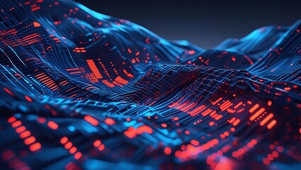 Abstract Digital Landscape: Futuristic digital landscape, displaying a complex network of data, interconnected pathways, and vibrant light bursts.