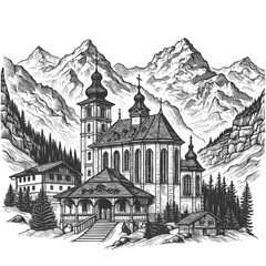 Fototapeta premium historic monastery in alpine mountain landscape, evoking a peaceful and timeless atmosphere sketch engraving generative ai vector illustration. Scratch board imitation. Black and white image.