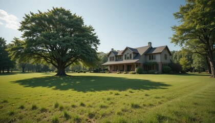 Obraz premium A tree in the backdrop and a big house with a big yard