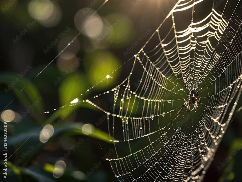 Poster close-up of a spider web with sunlight streaming through