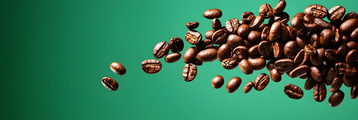 Obraz premium Dynamic Spread of Roasted Coffee Beans Against Vibrant Green Background - wide banner 