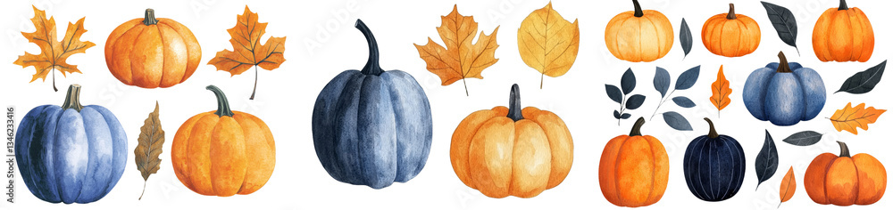 Poster an isolated white background serves as the setting for a watercolor illustration of a set of pumpkin