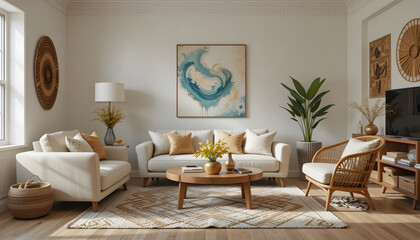 Modern Bohemian Living Room with Natural Decor and Cozy Atmosphere

