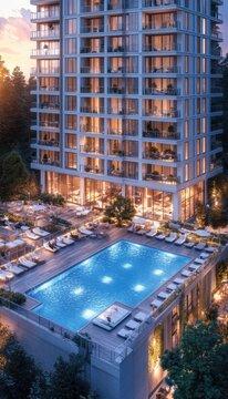 Luxury high-rise building with rooftop pool and lounge area at sunset.