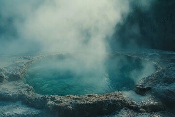 Fototapeta premium Vapor rising from a serene geothermal spring in a tranquil landscape at sunrise