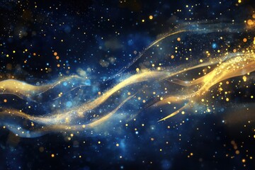 Obraz premium Abstract Background with Golden Waves and Sparkling Particles on Dark Blue