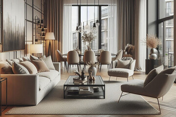 Modern living room interior featuring a beige sofa, armchairs, and a glass coffee table. Elegant dining area with natural light from large windows highlights the cozy and contemporary decor.