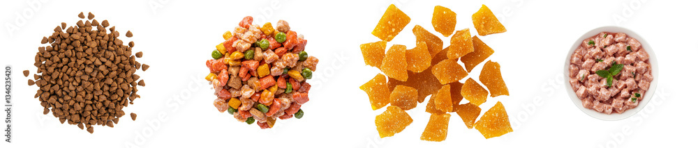 Poster From above, dog food with chunks of meat and vegetables is displayed in isolation on a white background