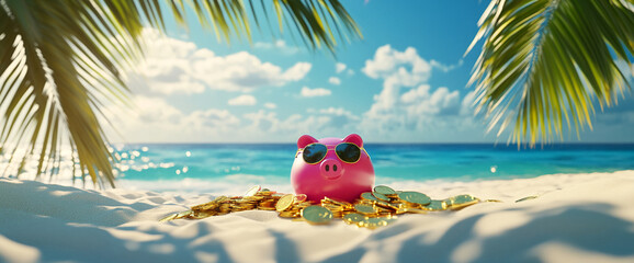 Pink piggy bank wearing sunglasses sits on sandy beach surrounded by gold coins, tropical palm trees in background, showcasing concept of saving for summer vacation