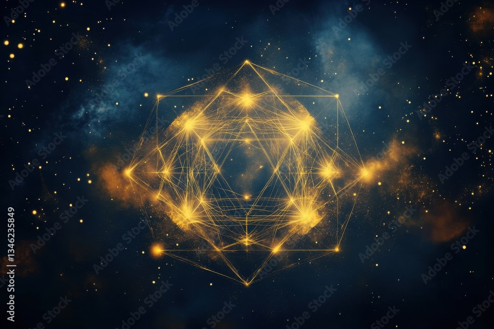 Poster glowing geometric shape in starry space background for science and technology