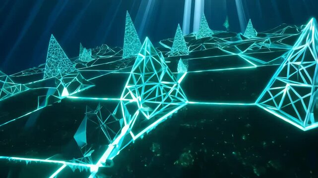 Abstract Underwater Crystal Pyramids Scenery with Light Rays in 4K.