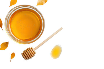 Flat lay top view of glass bowl of pure honey isolated on transparent or white background, png
