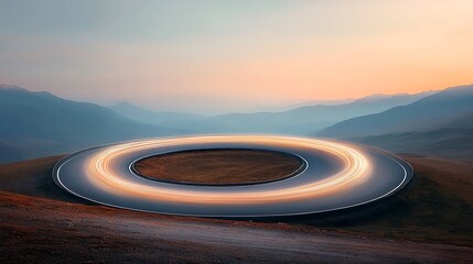 Circular mountain road with sunset light trails.