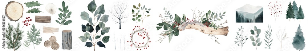 Poster watercolor patterns for christmas feature isolated white backgrounds adorned with branches, wreaths 