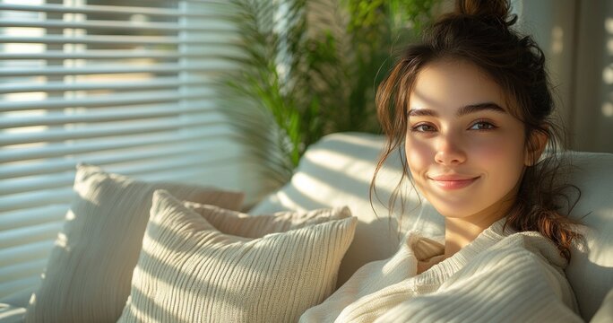 Cheerful Non-Binary Asian Influencer Relaxing on Cozy Couch in Modern Living Room