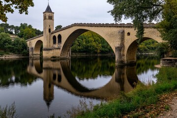 Obraz premium The Pont Saint-BÃ©nÃ©zet (Pont dâ€™Avignon), partially crossing the RhÃ´ne River, with reflections of the ancient bridge in the calm water