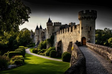 The historic walls of Avignon, standing tall under the bright midday sun, surrounded by lush green gardens