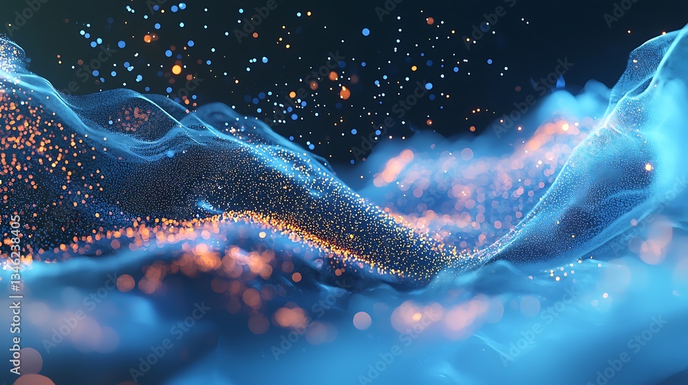 Poster abstract blue background with cyber particles falling in a data stream, rendered in 3d for a futuris