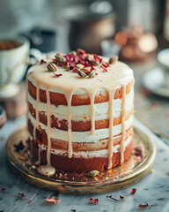 Luxurious three-tier rose pistachio cake with floral and nut toppings