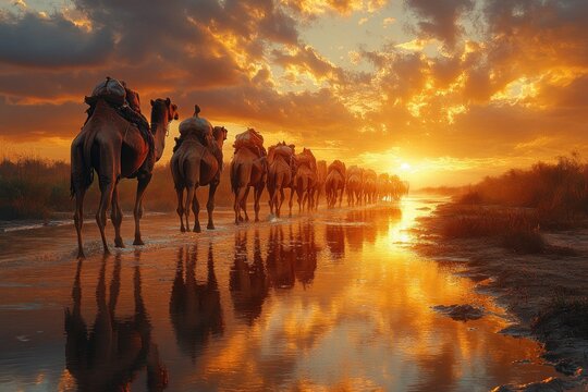 Caravan of Camels Walking on Reflective Water Surface at Sunset with Dramatic Clouds and Golden Light in Ethiopia