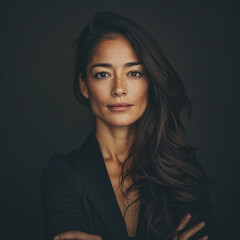 Corporate portrait of a female executive with curly hair and a confident expression