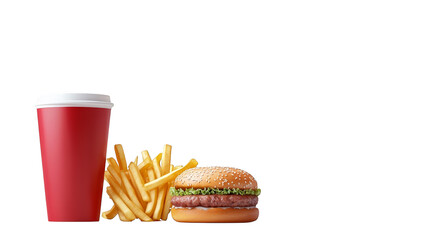 Delicious hamburger paired with freshly brewed coffee,  classic quick meal combo