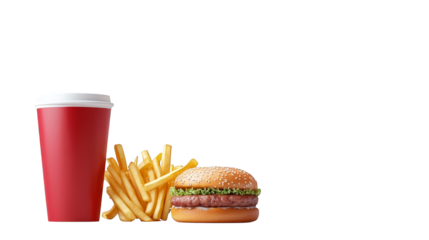 Delicious hamburger paired with freshly brewed coffee,  classic quick meal combo