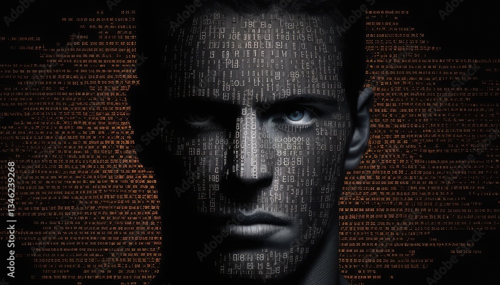 Poster the picture of the human face that has been paint with binary code on the face in the dark room, bin