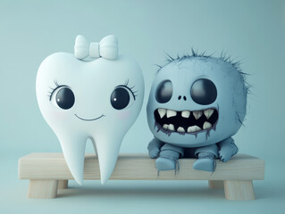 Fototapeta premium Cute tooth character with bow and friendly monster figure sitting together on a bench playful friendship concept