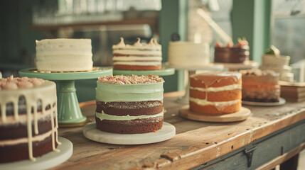 Rustic bakery table featuring an assortment of homemade cakes