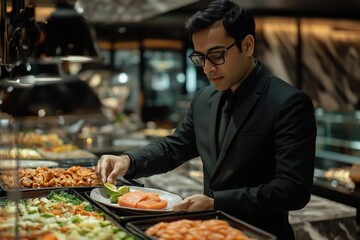 Elegant man selecting gourmet food at a lavish buffet in a modern restaurant showcasing culinary delights and exquisite presentation healthy eating concept
