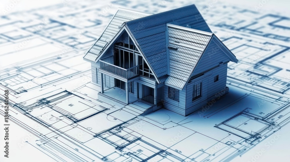 Aufkleber 3d model of a house on architectural blueprints with design elements