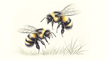 Bumblebees Dancing for Meadow, Watercolor.