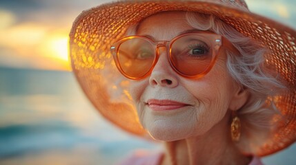 Joyful elderly woman enjoying ice cream at the beach wearing sunglasses and a yellow sunhat on a sunny summer day