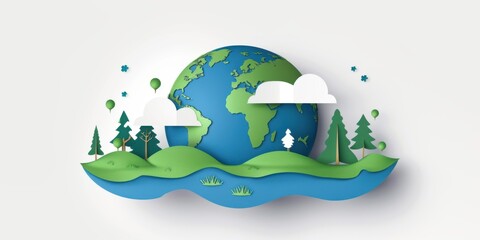 earth day , Environment day cartoon illustration A paper-style Earth where forests, rivers, and clouds extend outward like pop-up book elements. on white background