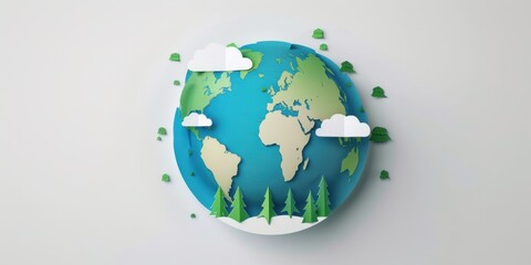A paper-style Earth where forests, rivers, and clouds extend outward like pop-up book elements. on white background