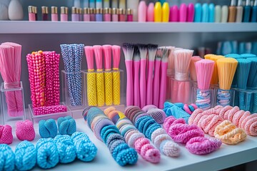 Colorful pastel hair accessories showcase tips for choosing hair accessories on white surface. Concept: tips for choosing hair accessories enhance salon experiences through style.