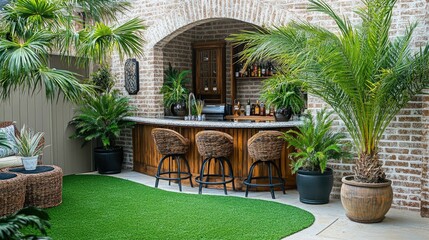 Fototapeta premium A backyard bar area on artificial grass, complemented by potted palm trees