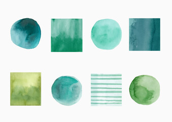 Green watercolor elements, watercolor circles and squares, handmade. Shades of green. Collection, watercolor set.
