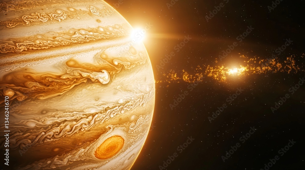 Poster stunning view of jupiter with swirling clouds and bright sunlight illuminating the distant asteroid 